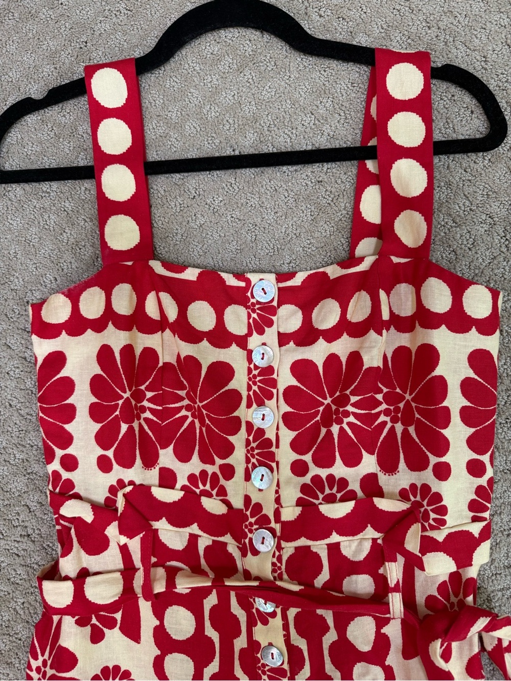 FARM Rio Red & Cream Floral Linen Blend Romper – Size S - Picture 2 of 11